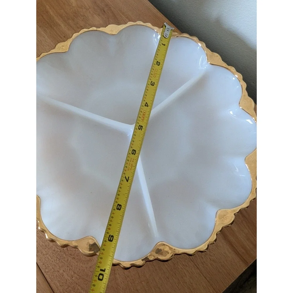 Vintage Fire King Milk Glass Divided Dish Plate‎ Gold Trim Anchor Hocking 10 in